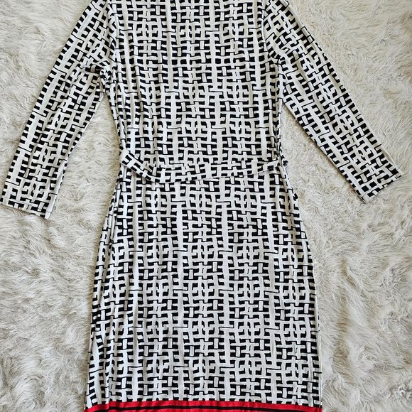 Anne Klein Women's Black and White Pattern Long Sleeves Round-Neck Wrap Dress L - Picture 3 of 9